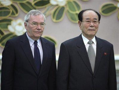 U.N. political chief B. Lynn Pascoe, left, poses for a photo with Kim Yong Nam, president of the Presidium of the Supreme People's Assembly, which is North Korea's parliament, before talks in Pyongyang, North Korea, Thursday, Feb. 11, 2010.(AP Photo/APTN) 