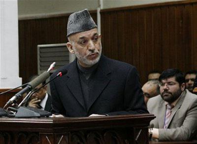 In this photo released by Presidential Palace, Afghan President Hamid Karzai speaks during the opening session of Afghan Parliament in Kabul, Afghanistan, Saturday, Feb. 20, 2010. (AP Photo/Presidential Palace)