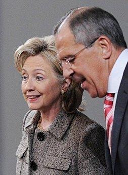 US Secretary of State Hillary Clinton (L) and Russian Foreign Minister Sergei Lavrov (R) chat during a press conference after talks in Moscow. The top diplomats of Russia and the United States on Thursday hailed major progress on a new accord to slash the nuclear arsenals of the Cold War-era foes and predicted a deal would be clinched soon.(AFP/Yuri Kadobnov) 