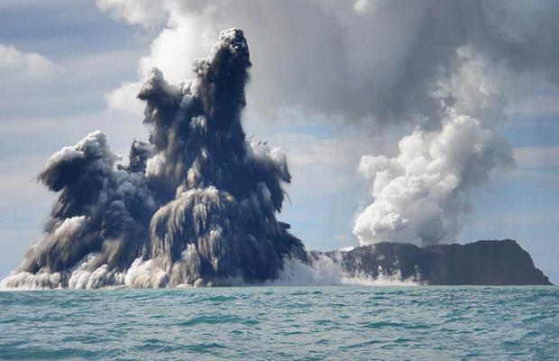 An undersea volcano erupting off the coast of Tonga