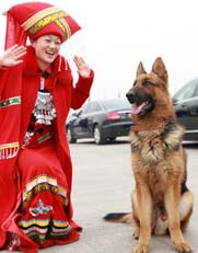 警犬的“女粉絲”——2010年3月11日，十一屆全國人大三次會議在北京人民大會堂舉行第四次全體會議，會場外執勤民警攜警犬對廣場車輛進行安檢。