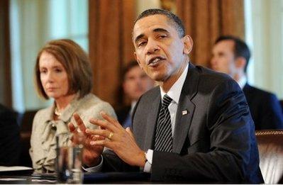 US President Barack Obama speaks as Speaker Nancy Pelosi looks on during a meeting on financial reform in the Cabinet Room at the White House in Washington, DC. Obama has pledged to "move quickly" on pushing financial regulatory reform through Congress, setting up his next political battle with Republicans.(AFP/Jewel Samad)