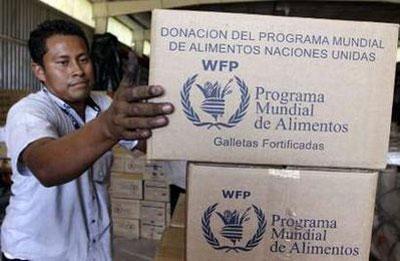 A worker of the U.N. World Food Program stacks boxes containing protein cookies to be sent to Haiti as relief aid at El Salvador international airport in Comalapa, January 15, 2010. REUTERS/Oscar Rivera