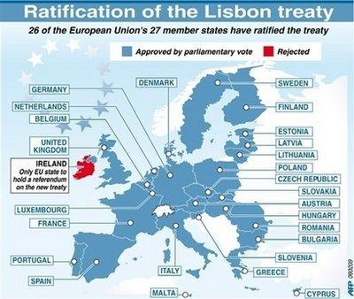 Map of the EU showing the countries that have ratified the Lisbon Treaty. The Czech Republic's top court has ruled that the European Union's reform treaty is legal, piling pressure on President Vaclav Klaus to become the final EU leader to sign the landmark document into law.(AFP/Graphic/Laurence Saubadu)