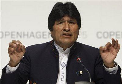 Bolivian President Juan Evo Morales gestures during a press conference at the climate summit in Copenhagen, Denmark, Wednesday, Dec. 16, 2009.(AP Photo/Anja Niedringhaus)