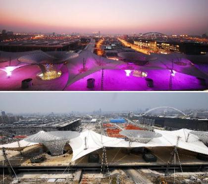 Combo photo shows the Shanghai World Expo axis illuminated on Jan. 18, 2010 (top) and on July 5, 2009(bottom) in Shanghai, east China. The 100-day counting down to the opening of Shanghai World Expo will launch on Jan. 21 and the construction of Expo site is coming to an end. (Xinhua Photo)