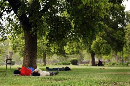 People rest in shade under trees in New Delhi, capital of India, on April 19, 2010. Heat waves hit New Delhi since April and the high temperature here kept over 40 degrees centigrade for a successive 12 days, with the highest 43.7 degree centigrade on April 18, a record-breaking temperature for 52 years. (Xinhua/Wang Ye)