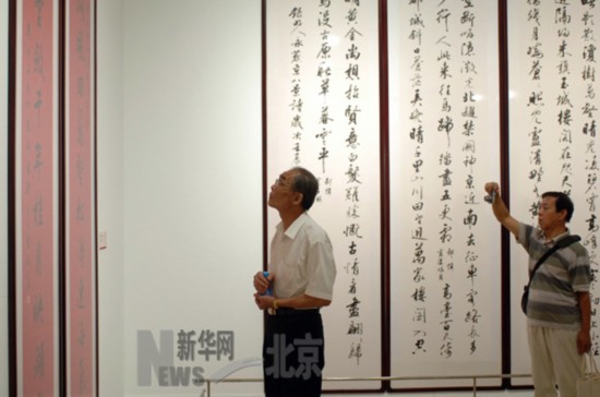參觀者在書法作品前駐足。（８月１４日攝）新華社記者趙琬微攝