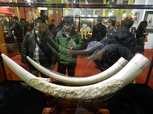 12月20日，在北京中國國際展覽中心，觀眾在第七屆中國北京國際文化創意産業博覽會上欣賞牙雕作品《群仙祝壽》。新華社發（王振 攝）