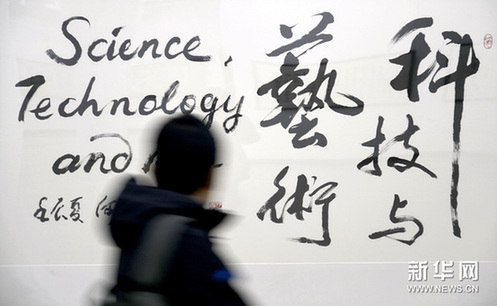 1月2日，參觀者在中國美術學院美術館欣賞中國工程院院士的書法作品。新華網圖片 施健學 攝