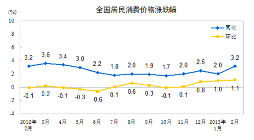 2013年2月份居民消費價格同比上漲3.2%