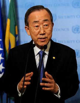 Secretary-General of the UN Ban Ki-moon speaks to media after the representatives of the fifteen members of the UN Security Council endorsed the recommendation to send 3,500 more peacekeepers to quake-striken Haiti in the UN headquarters in New York, Jan. 19, 2010. (Xinhua/Shen Hong)