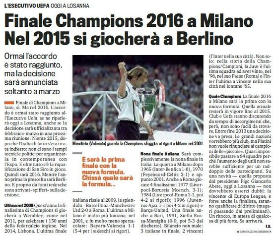 《米蘭體育報》：歐冠決賽2016重回米蘭