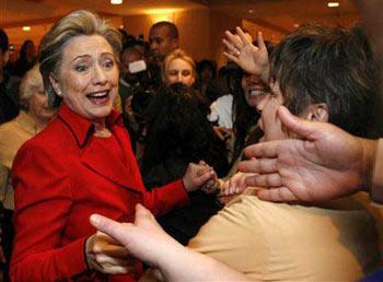 Democratic presidential candidate Senator Hillary Clinton (D-NY) greets workers at the Mandalay Bay hotel and casino on caucus day in Las Vegas Jan. 19, 2008. U.S. Senator Hillary Clinton won the Democratic Nevada caucuses Saturday, beating arch-rival Barack Obama in a hard-fought race, while former Massachusetts Governor Mitt Romney won a landslide victory on the Republican contest.(Xinhua/Reuters Photo)