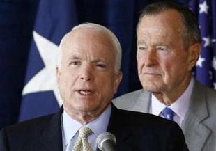 Republican presidential candidate Senator John McCain speaks after gaining the endorsement of former U.S. President George Bush (R) at a campaign event in Houston Feb. 18, 2008.(Xinhua/Reuters File Photo)