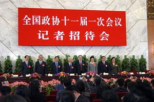 Leaders of China's eight non-Communist parties meet the press together at a joint press conference for the first time on the sideline of the annual parliamentary and political advisory sessions in Beijing, capital of China, March 6, 2008. (Xinhua/Pang Xinglei)
