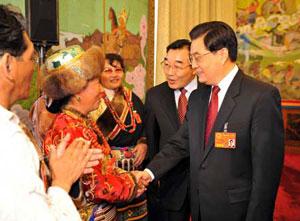 Chinese President Hu Jintao on Thursday talks to a deputy of the Tibet Autonomous Region in Beijing while joining the panel discussion. He stressed stability and social harmony in Tibet.(Xinhua Photo)