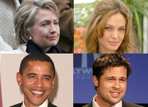 U.S. Democratic presidential hopeful Sen. Barack Obama (lower left) is a distant cousin of actor Brad Pitt (lower right) and Hillary Clinton (upper left) is related to Pitt's girlfriend Angelina Jolie (upper right), a genealogical society said Tuesday. (File Photo)