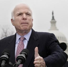 US Republican presidential nominee John McCain speaks at a Vets for Freedom rally in Washington, DC 08 April. McCain has erased Sen. Barack Obama's 10-point advantage in a head-to-head matchup. [Agencies]