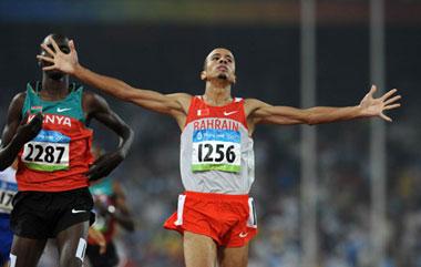 Rashid Ramzi of Bahrain crosses the finish line during the men's 1,500m final at the National Stadium, also known as the Bird's Nest, during Beijing 2008 Olympic Games in Beijing, China, Aug. 19, 2008. Rashid Ramzi won the gold. (Xinhua/Guo Dayue)