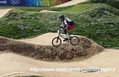 Maris Strombergs of Latvia competes during Cycling BMX men's final run at the Beijing Olympic Games in Beijing, China, Aug. 22, 2008. Maris Strombergs of Latvia won the gold with 36.190. (Xinhua)