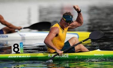 Ken Wallace of Australia celebrates after the men’s kayak single (K1) 500m final at Beijing 2008 Olympic Games in the Shunyi Rowing-Canoeing Park in Beijing, China, Aug. 23, 2008. Ken Wallace of Australia won the gold medaL. (Xinhua/Jiang Enyu)