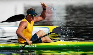 Ken Wallace of Australia celebrates after the men’s kayak single (K1) 500m final at Beijing 2008 Olympic Games in the Shunyi Rowing-Canoeing Park in Beijing, China, Aug. 23, 2008. Ken Wallace of Australia won the gold medaL. (Xinhua/Jiang Enyu)