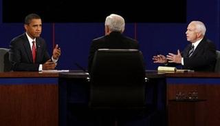 Democratic presidential candidate Sen. Barack Obama, D-Ill., and Republican presidential candidate Sen. John McCain, R-Ariz., exchange respones as Debate moderator Bob Schieffer listens during a presidential debate at Hofstra University in Hempstead, N.Y., Wednesday, Oct. 15, 2008.(AP Photo/Ron Edmonds)