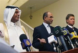 Iranian Oil Minister, Gholam Hossein Nozari, center, speaks with media during a joint press conference with chief of Russia's state gas monopoly OAO Gazprom, Alexei Miller, right, and Qatar's Deputy Premier and Minister of Energy and Industry, Abdullah bin Hamad Al-Attiya, at the conclusion of their meeting in Tehran, Iran, Tuesday, Oct. 21, 2008.(AP Photo/Vahid Salemi)