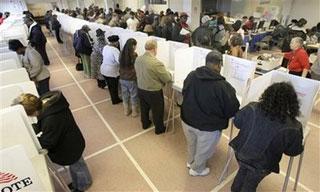 With participation in early voting in the general election going strong in Ohio, voters fill the polls at the Cuyahoga County Board of Elections in Cleveland, Ohio on Thursday, Oct. 30, 2008.(AP Photo/Amy Sancetta)