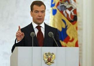 Russia's President Dmitry Medvedev makes his annual state of the nation address at the Kremlin's St. George Hall in Moscow, November 5, 2008.REUTERS/RIA Novosti/Kremlin/Dmitry Astakhov