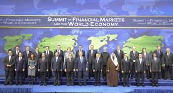 Chinese President Hu Jintao (5th R, front), U.S. President George W. Bush (6th R, front) and other leaders from the Group of Twenty (G20) members pose for a group photo during the G20 Summit on Financial Markets and the World Economy in Washington, U.S., Nov. 15, 2008. (Xinhua/Li Xueren)