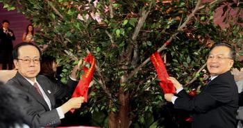 Chinese Premier Wen Jiabao (R) and former Japanese Prime Minister Yasuo Fukuda attend the closing ceremony of the China-Japan Youth Friendly Exchange Year in Beijing, December 20, 2008.[Xinhua]