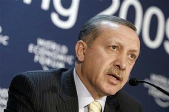 Recep Tayyip Erdogan, Prime Minister of Turkey, speaks during a media conference at the Annual Meeting of the World Economic Forum, WEF, in Davos, Switzerland, Thursday, Jan. 29, 2009. Turkish Prime Minister Recep Tayyip Erdogan later stalked off the stage at the World Economic Forum, after verbally sparring over Gaza with Israeli President Shimon Peres.(AP Photo/Keystone/Peter Klaunzer)