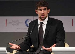 U.S. Olympic swimmer Michael Phelps delivers a speech at the 3rd Global Competitiveness Forum in Riyadh January 27, 2009.REUTERS/Fahad Shadeed