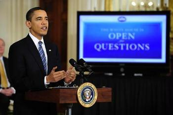 U.S. President Barack Obama attends white house open for questions event at white house in Washinton, on March 16, 2009. (Xinhua/Zhang Yan)