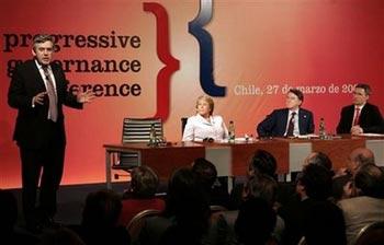 Britain's Prime Minister Gordon Brown, left, addresses the Progressive Governance Leaders Summit in Vina del Mar, Friday, March 27, 2009, as Chile's President Michelle Bachelet, second from left, Britain's Peter Mandelson, President of Policy Network, third from left, and Norway's Prime Minister Jens Stoltenberg listen. The summit is scheduled for March 27-28.(AP Photo/Santiago Llanquin) 