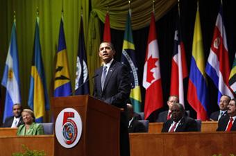 US President Barack Obama gives his speech as presidents look on while attending the opening ceremony of the 5th Summit of the Americas in Port of Spain, April 17, 2009. [Agencies]