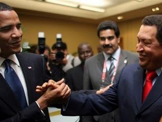 Venezuelan Presidency Press Office-issued photo shows US President Barack Obama (left) and his Venezuelan counterpart Hugo Chavez shaking hands before the opening of the 5th Summit of the Americas in Port of Spain, Trinidad, on April 17. (AFP/HO/Prensa Miraflores)
