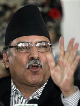 Nepal's former Prime Minister Pushpa Kamal Dahal speaks during a press conference in Katmandu, Nepal, Wednesday, May 6, 2009. Dahal, who resigned Monday in protest, told reporters Wednesday that his party would only join the new government if the president reversed his decision to block Dahal's attempts to fire the army chief.(AP Photo/ Gemunu Amarasinghe)