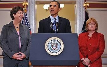 US President Barack Obama speaks on job creation and job training, flanked by nurse Maureen Pike (L) and small business owner Sharon Arnold (R) in the Eisenhower Executive Office Building, next to the White House, in Washington, DC.(AFP/Mandel Ngan)