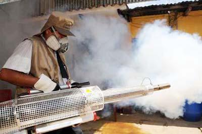 A sanitary worker sprays disinfectant in Santa Cruz City of Santa Cruz Province, east Bolivia, March 7, 2009. Some 3,000 soldiers, policemen and medical workers attended the disinfection operation to prevent the dengue fever. The epidemic has killed 22 people in Bolivia and infected at least 35,000 others. (Xinhua