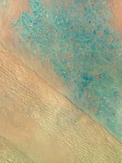 Satellite view of Al-Dahna desert in Saudi Arabia showing different depositional features