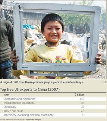 A migrant child from Henan province plays a piece of e-waste in Guiyu.