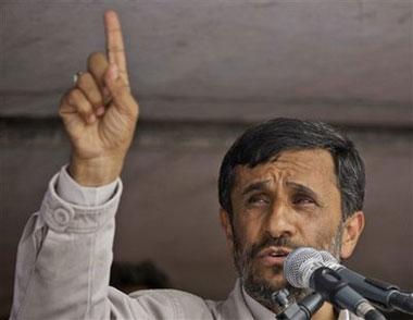 Iran's president and candidate for presidential elections Mahmoud Ahmadinejad talks to the people during the final rally on Azadi street in west Tehran, Wednesday, June 10, 2009.(AP Photo/Kamran Jebreili)