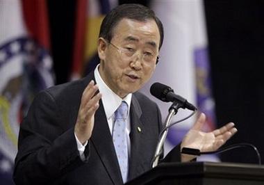 United Nations Secretary-General Ban Ki-moon delivers remarks on the world's food and security problems during a speech at Saint Louis University Friday, June 12, 2009, in St. Louis.(AP Photo/Jeff Roberson)