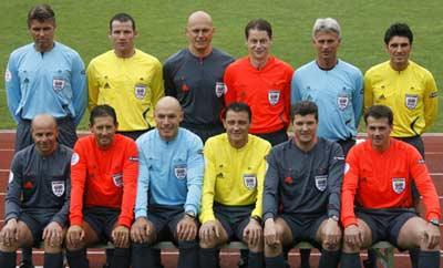 Referees for the upcoming EURO 2008 soccer championships (1st row L to R) Konrad Plautz from Austria, Frank de Bleeckere from Belgium, Howard Webb from England, Manuel Enrique Mejuto Gonzalez from Spain, Herbert Fandel from Germany, Kyros Vassaras from Greece and (2nd row L to R) Roberto Rosetti from Italy, Pieter Vink from the Netherlands, Tom Henning Ovrebo from Norway, Lubos Michel from Slovakia, Peter Frojdfeldt from Sweden and Massimo Busacca from Switzerland pose for photographers during a workshop in Regensdorf near Zurich June 5, 2008.(Xinhua/Reuters Photo)