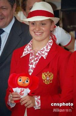 Russian athletes and trainers have gotten a close up look of their Olympic team uniforms in Moscow.