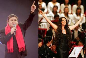 The combo picture shows Chinese singer Liu Huan (L) performing on Jan. 9, 2005 and British singer Sarah Brightman performing in Beijing, China, Dec. 31, 2005. Chinese singer Liu Huan and British singer Sarah Brightman will jointly present the theme song of the Beijing 2008 Olympic Games at the opening ceremony, the Games organizers revealed here on Wednesday. The title and content of the theme song remained a mystery for now. (Xinhua Photo)