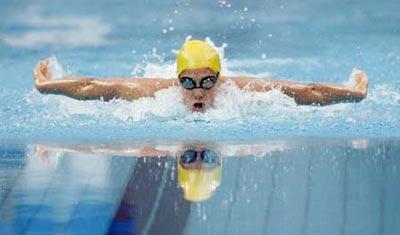 Stephanie Rice of Australia competes during the final of women's 200m individual medley at the Beijing 2008 Olympic Games in the National Aquatics Center, also known as the Water Cube in Beijing, China, Aug. 13, 2008. Stephanie Rice won the gold medal with 2 minute 8.45 seconds and set a new world record. (Xinhua/Fei Maohua)